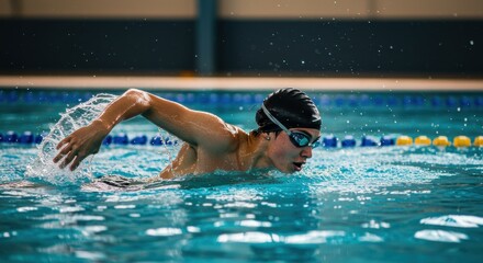 Competitive swimming event indoor pool action shot athletic environment side strength and endurance