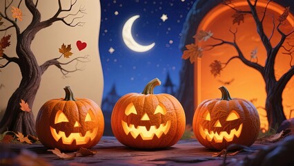Three glowing jack-o'-lanterns in a spooky Halloween scene with a crescent moon, autumn trees, and a mystical archway.