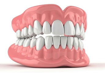 Detailed 3D Rendering of Complete Dentures with White Teeth on White Background