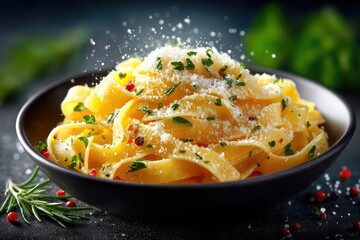 Close Up of Fresh Pappardelle Pasta Topped with Grated Cheese and Herbs in Black Bowl on Dark Surface