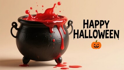 Black cauldron with red liquid splashing out, Halloween-themed background with 'Happy Halloween' text and pumpkin emoji