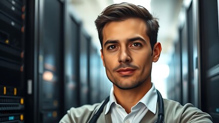 An IT technician in a data center, working among server racks.