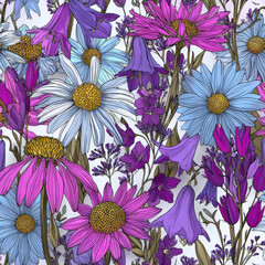 Stylized Pastel Flower Pattern with Bunches of Colorful Blooms