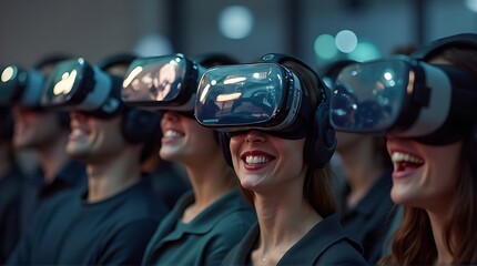 Enthusiastic Group Wearing Virtual Reality Headsets Enjoying Immersive Experience