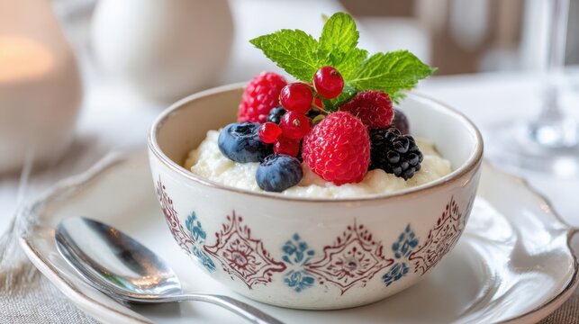 russian tvorog dessert close up, sweetened cottage cheese, berries garnish, elegant bowl, fine dining style