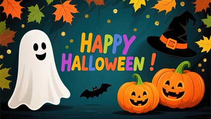 Colorful Halloween greeting with ghost, pumpkins, witch hat, and autumn leaves on a dark background