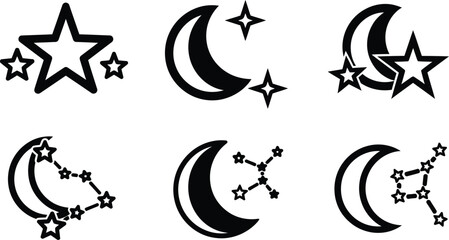 Moon, Stars, and Constellations Icon Set Vector Illustration: Black and White Celestial Bodies, Astronomy, and Night Sky Graphic Design Elements Collection.