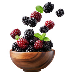 Berry Cobbler made from blackberries and raspberries in wooden bowl, isolated on white transparent background, concept of fresh organic fruit