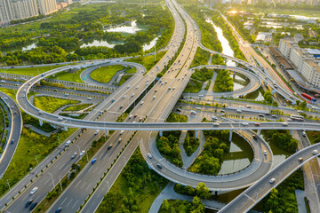 Modern city overpass traffic overhead