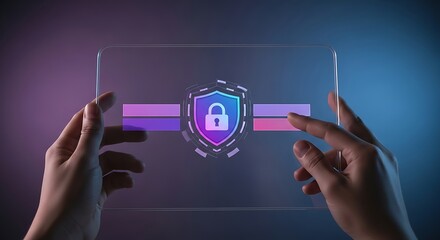 Hands holding futuristic transparent tablet with padlock cyber security concept