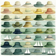 Seamless Pattern of Sun Hats and Sailboats on Gentle Water