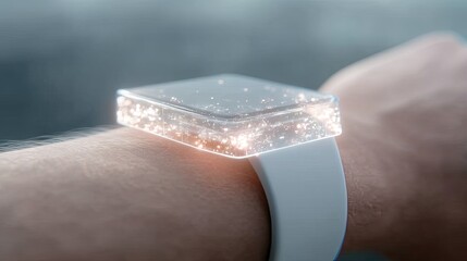 Close Up of Futuristic Holographic Smartwatch on Wrist Against a Blurred Gray Background Cinematic HDR Lighting