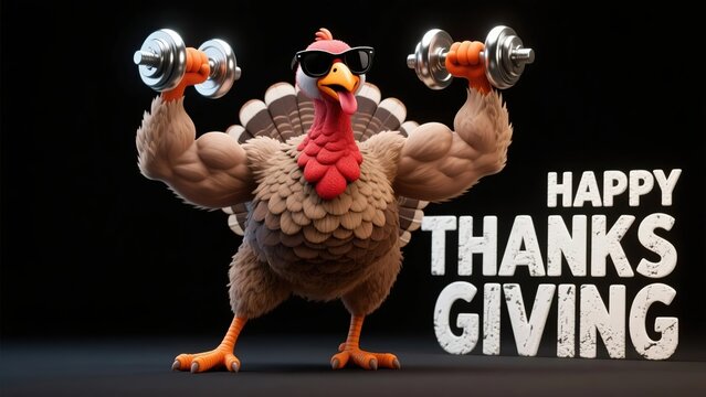 A muscular turkey wearing sunglasses lifts dumbbells with 'Happy Thanksgiving' text on a dark background.