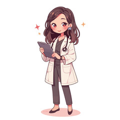 A cheerful doctor in a white coat stands holding a tablet. She has a stethoscope around her neck and looks ready to assist patients with a smile.