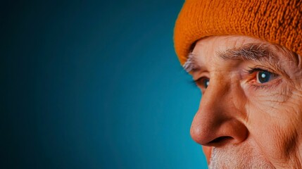 Close-up Portrait of an Elderly Man with Distinctive Orange Hat and Textured Skin