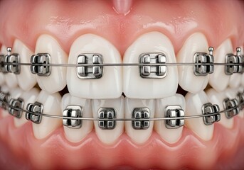 Extreme Macro Of Straight White Teeth With Silver Braces & Metal Wire Closeup