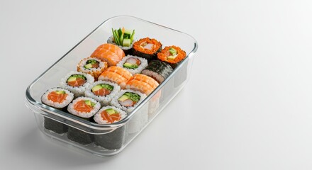 Assorted japanese sushi and maki rolls in a glass box, isolated on a white background with copy space. Bento lunch box concept for food delivery.