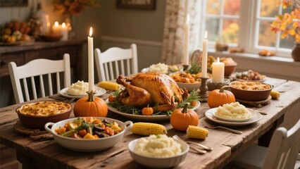 Thanksgiving dinner table set with roasted turkey, mashed potatoes, corn, pumpkin dishes, and candles in a cozy home setting