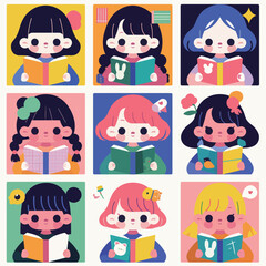 Nine colorful illustrations feature girls of different hair colors and styles reading various books.