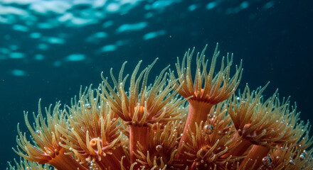 A vibrant colony of orange sea anemones underwater.