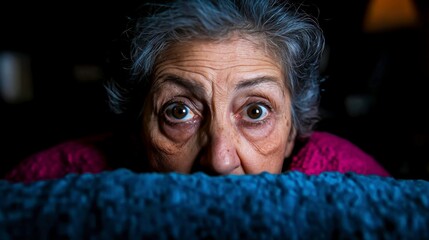 Concerned elderly woman peeking over couch with large expressive eyes in dimly lit room