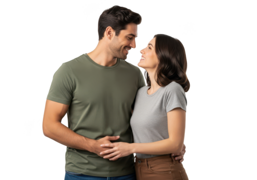 Young couple embracing and looking at each other lovingly isolated on transparent background