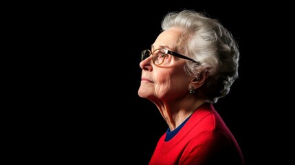 Elderly Woman with Gray Hair and Glasses Posing in Profile Against a Black Background