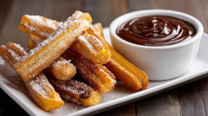 spanish churros close up, golden fried dough, sprinkled sugar, chocolate dipping sauce, gourmet restaurant style
