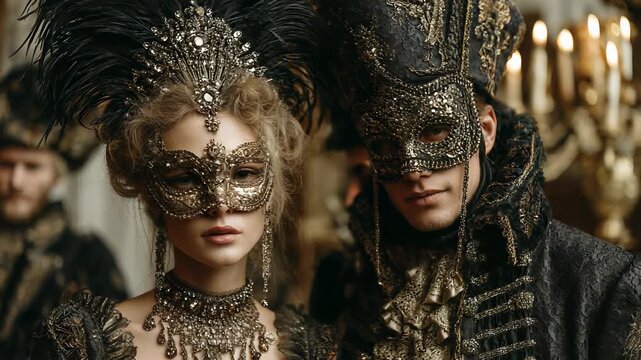 Elegant Couple Wearing Ornate Venetian Masks and Costumes at a Masquerade Ball, Rich Gold and Black Tones, Festive Occasion
