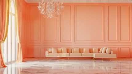Elegant Coral Pink Living Room with Large Window and Crystal Chandelier