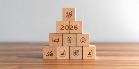 Wooden blocks stacked in pyramid form displaying the year 2026 and various business icons representing growth and future concepts