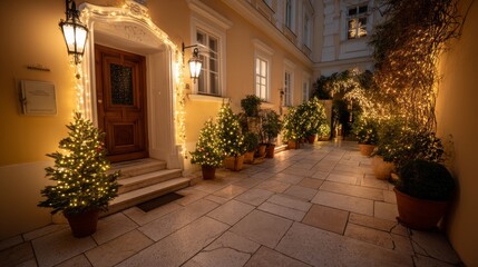 Naklejka premium Cozy house entrance decorated with festive lights and fireworks in a joyful new year's celebration, glowing warmly against a charming backdrop with copy space on the right