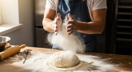 A person in a blue apron clapping their hands in a kitchen.