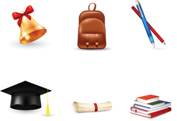 Cartoon School Equipment, Backpacks, Globe, Pencils, Eraser, Sharpener, Markers, Alarm Clock, Stapler Vector Illustration Isolated on White Background. Set of School Stationery Tools, Office Supplies