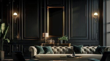 Elegant Dark Living Room with Tufted Sofa and Gold Accents in Modern Style