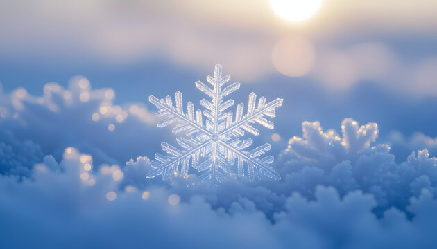 Macro Photography of a Delicate Snowflake Sparkling in the Sunlight, Winter Scene