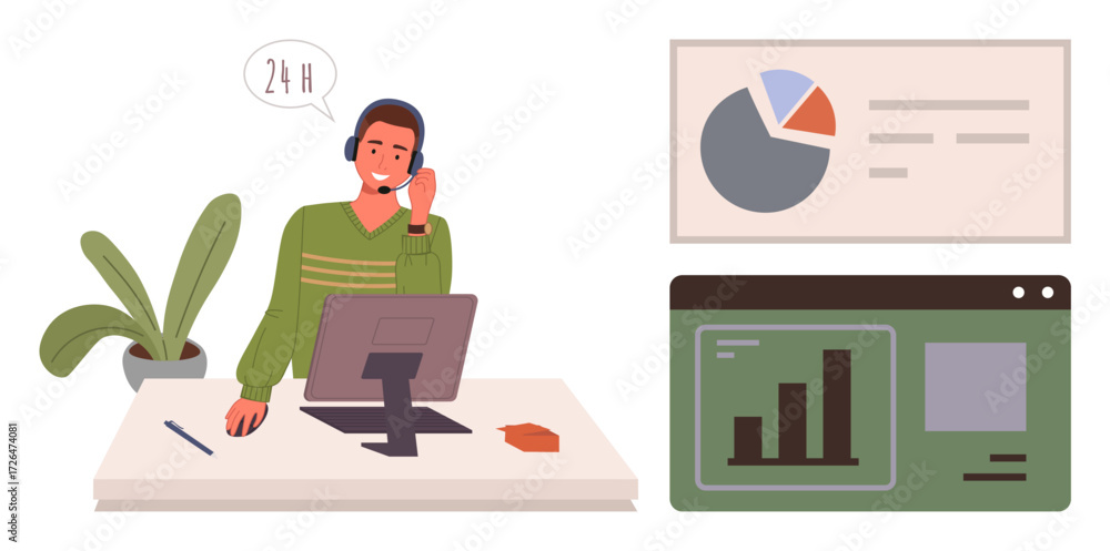 Aufkleber customer support agent with a headset at desk, computer showing data analysis and charts. ideal for 
