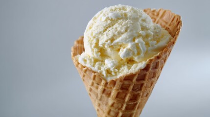 Closeup of creamy vanilla ice cream scoop in textured waffle cone on white background with natural light, copy space on left, hyperrealistic and appetizing