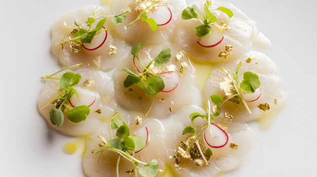 Elegant Scallop Carpaccio with Citrus Dressing and Garnishes for Gourmet Culinary Presentation