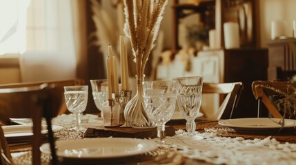 Elegant Dining Table Decor with Candles and Glassware in Warm Natural Light