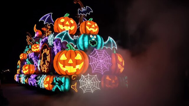 Vibrant illuminated Halloween parade float featuring glowing jack-o'-lanterns, neon bats, and spiderwebs amidst mysterious smoke at night.
