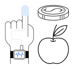 Hand wearing a smartwatch with health monitoring, apple symbolizing nutrition, and coin depicting wealth. Ideal for health, fitness, technology, wellness, finance balance minimalism. Simple flat