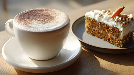 Ultra Realistic Photograph of Cappuccino and Carrot Cake on Wooden Table