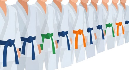Line of Karate Practitioners, Different Colored Martial Arts Belts, Student Ranks in Martial Arts