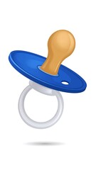 A blue and beige baby pacifier, digitally rendered, floats against a white background, casting a subtle shadow