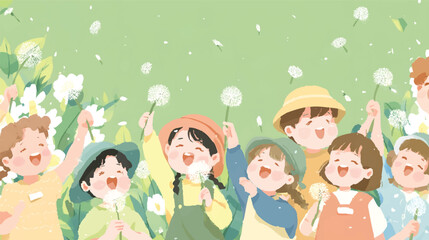 Fototapeta premium Illustration of happy children playing with dandelions on a green background.