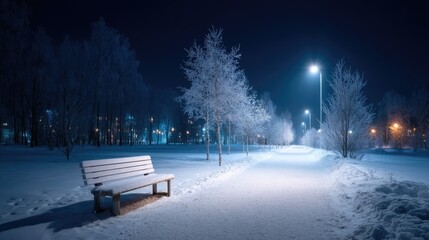 Winter Park Bench Covered in Snow at Night with Illuminated Trees and Path