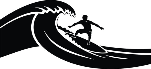 Dynamic Black and White Surfer Riding a Big Ocean Wave, Abstract Vector Design for Summer Sports and Adventure.
