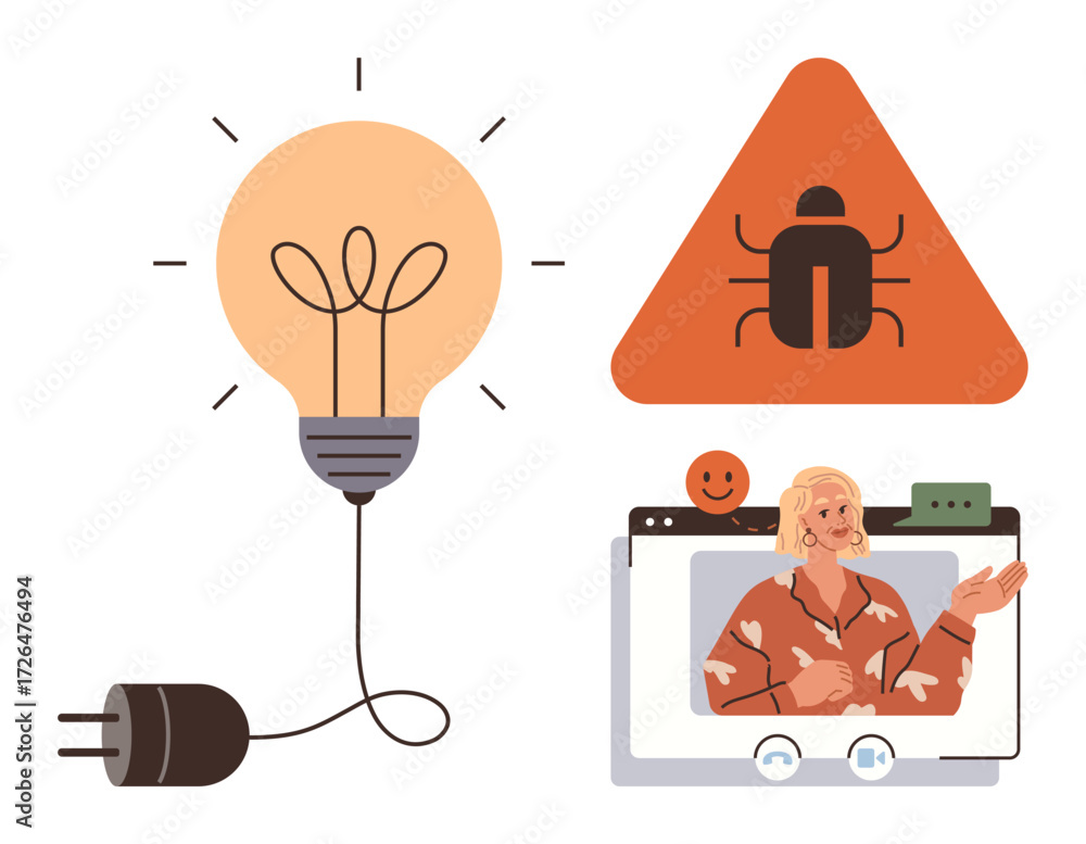 Poster light bulb with unplugged cord, bug alert warning sign, customer on video call. ideal for technology