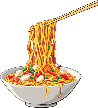 Print Asian noodle bowl with vegetables and chopsticks vector illustration for food and culinary design